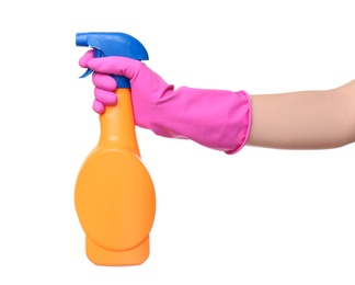 Image of Woman holding spray bottle with detergent on white background, closeup