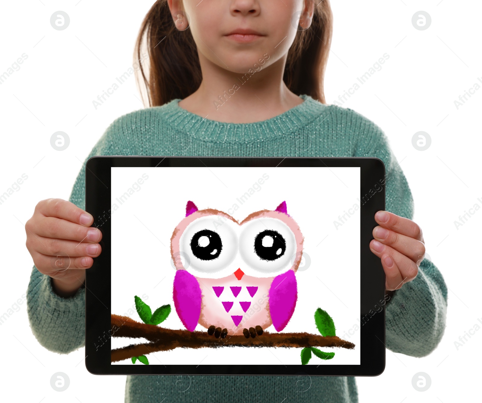 Image of Little girl holding tablet with cute drawing on white background, closeup. Child art