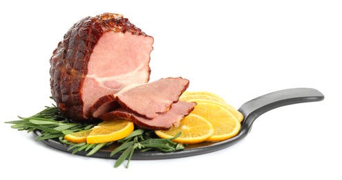 Photo of Delicious ham with orange slices and rosemary isolated on white