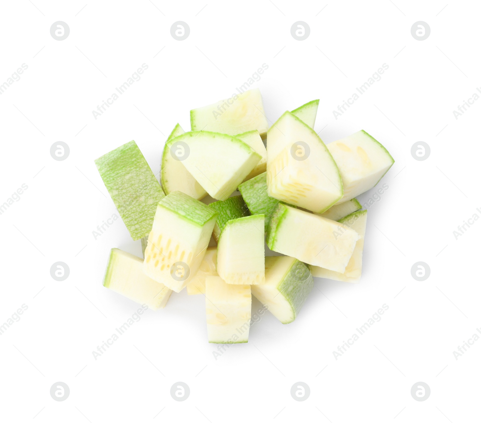 Photo of Pieces of ripe zucchini on white background, top view
