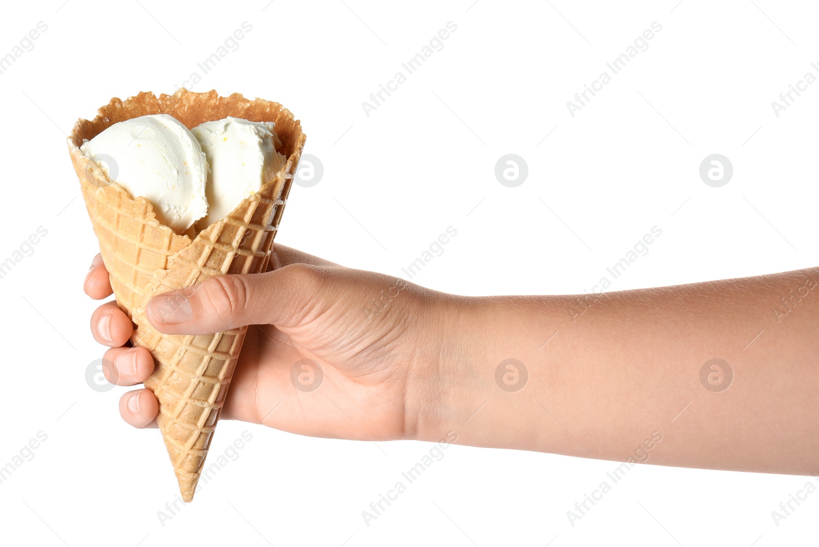 Photo of Woman holding delicious ice cream in wafer cone on white background, closeup