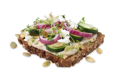 Tasty vegan sandwich with cucumber, onion, hummus and pumpkin seeds isolated on white