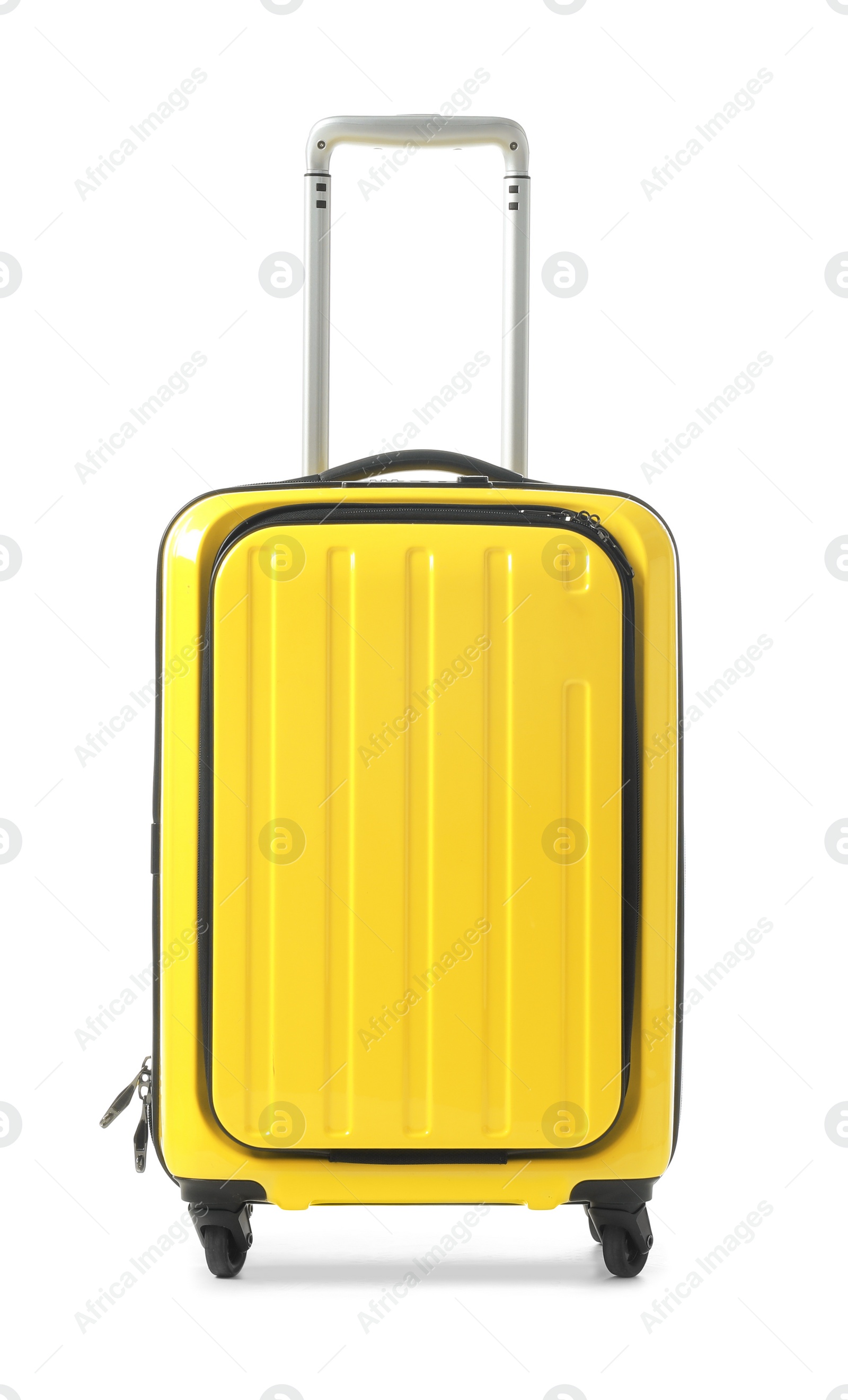 Photo of Bright yellow suitcase packed for journey on white background