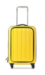 Photo of Bright yellow suitcase packed for journey on white background