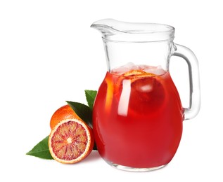Photo of Tasty sicilian orange juice with ice cubes in glass jug on white background