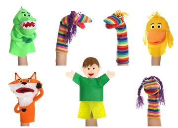Image of Puppet show. Collage with photos of different dolls on hands against white background
