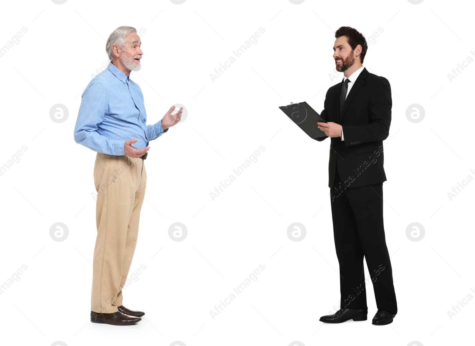 Image of Two businessmen talking on white background. Dialogue