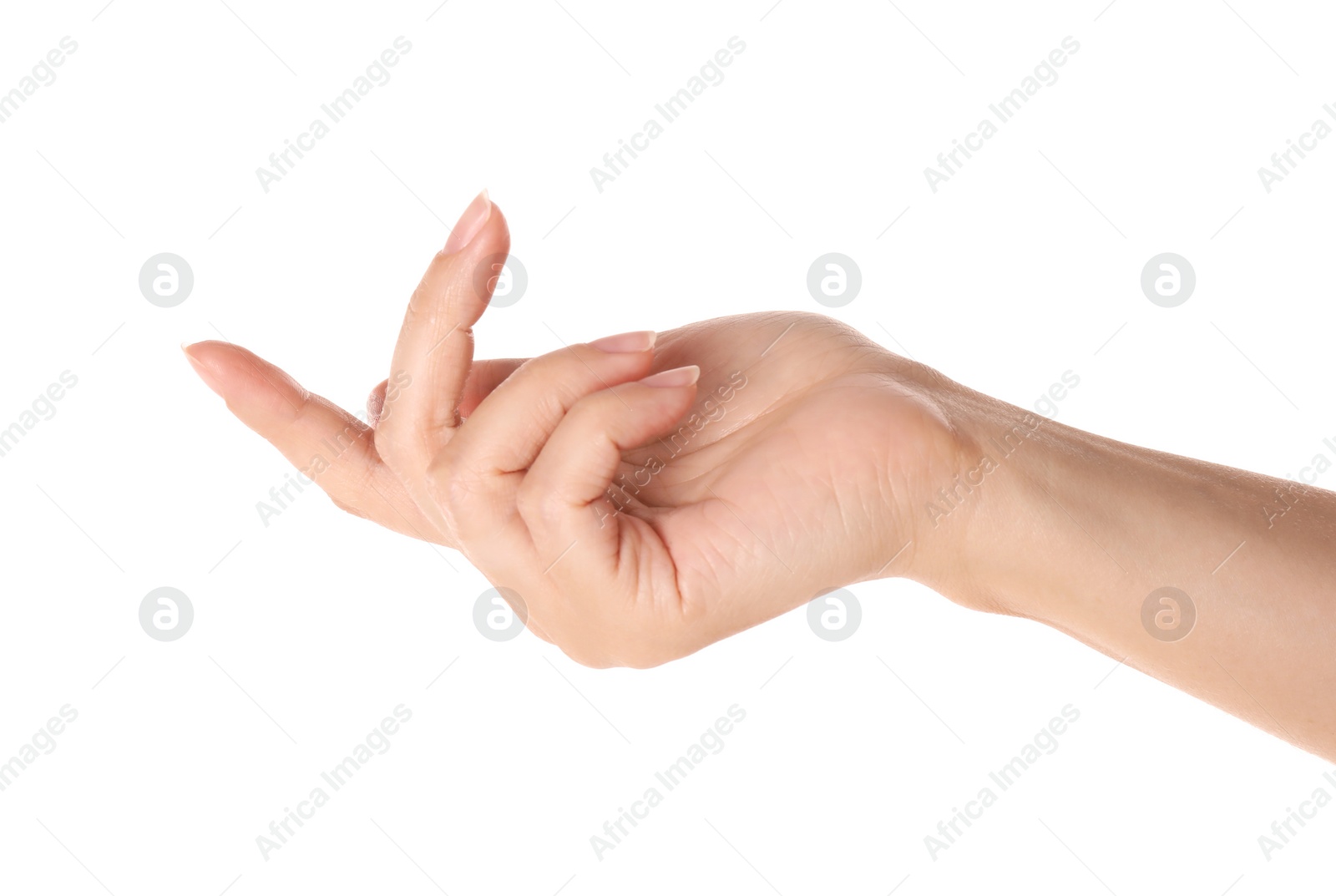 Photo of Woman on white background, closeup of hand