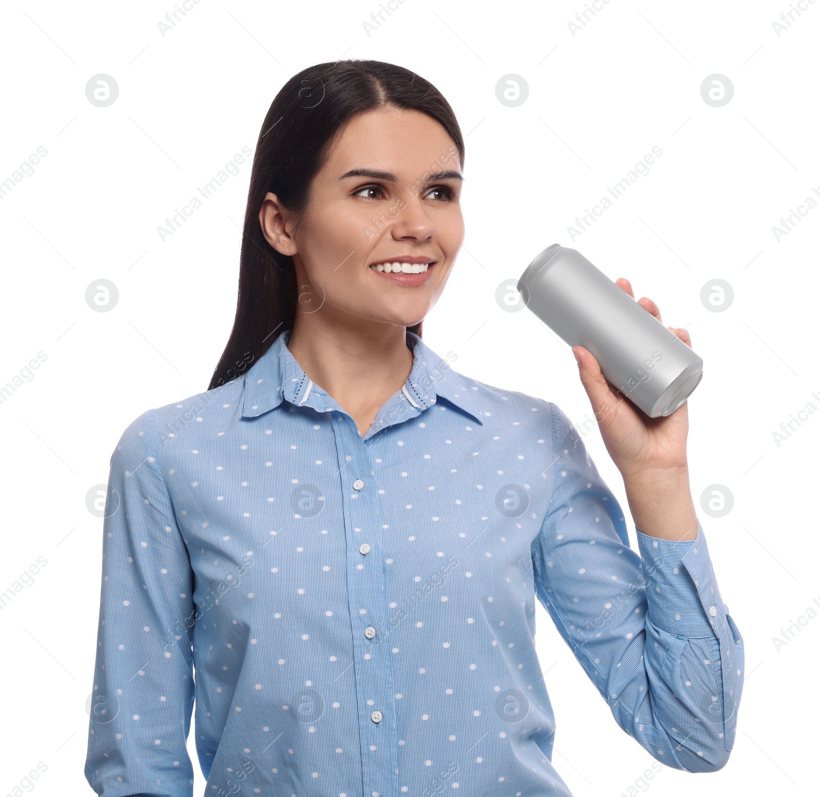 Photo of Beautiful young woman drinking from tin can on white background