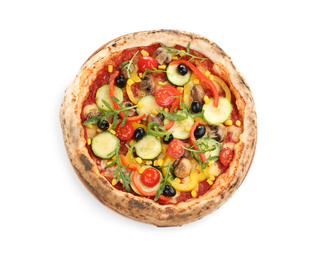 Photo of Delicious hot vegetable pizza on white background, top view