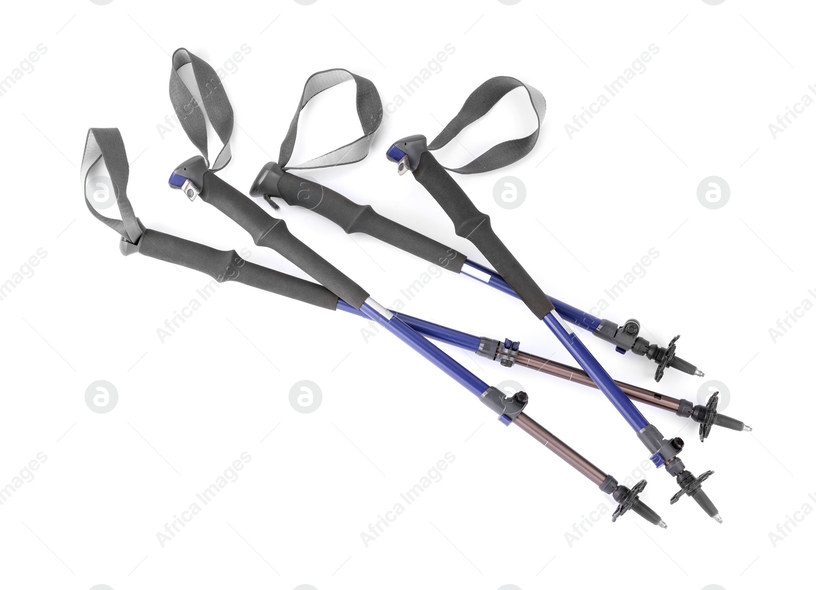 Photo of Nordic walking poles isolated on white, top view. Sports equipment