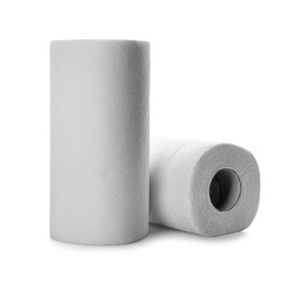 Photo of Rolls of paper tissues on white background