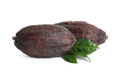 Photo of Cocoa pods and leaves on white background