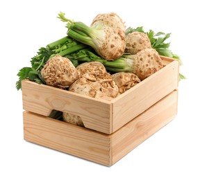 Wooden crate with fresh raw celery roots isolated on white