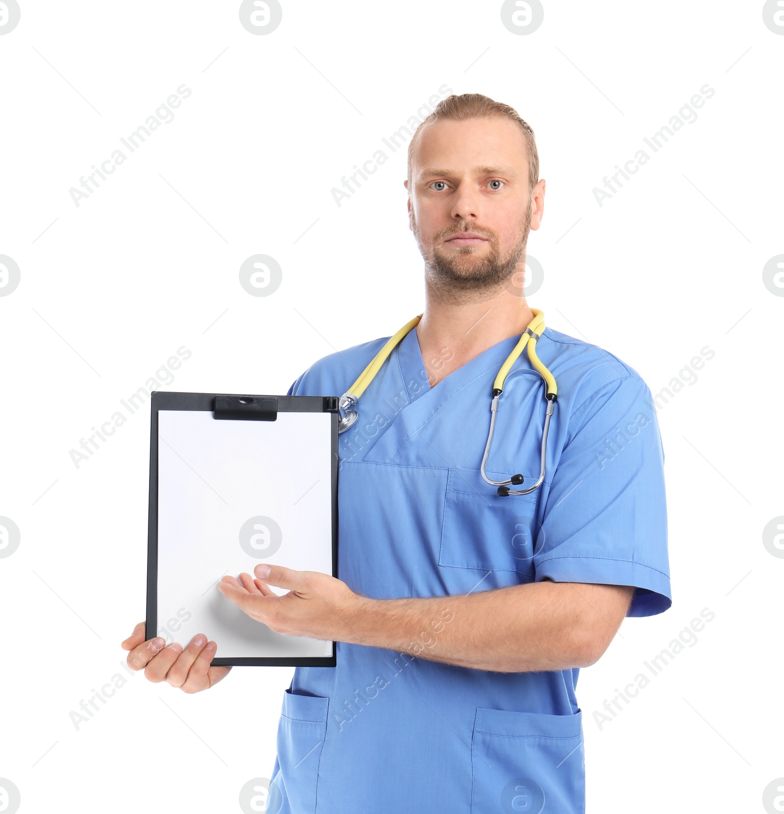 Photo of Portrait of medical assistant with stethoscope and clipboard on white background. Space for text