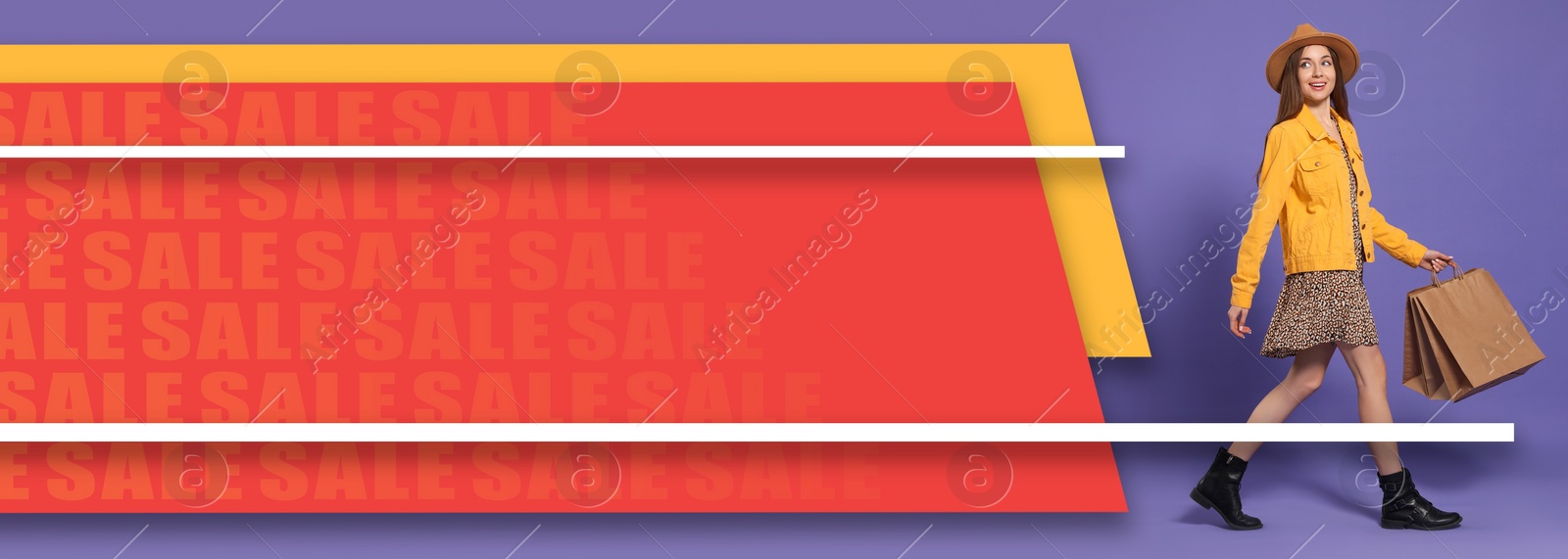 Image of Sale banner or flyer design. Stylish young woman with shopping bags on color background, space for text