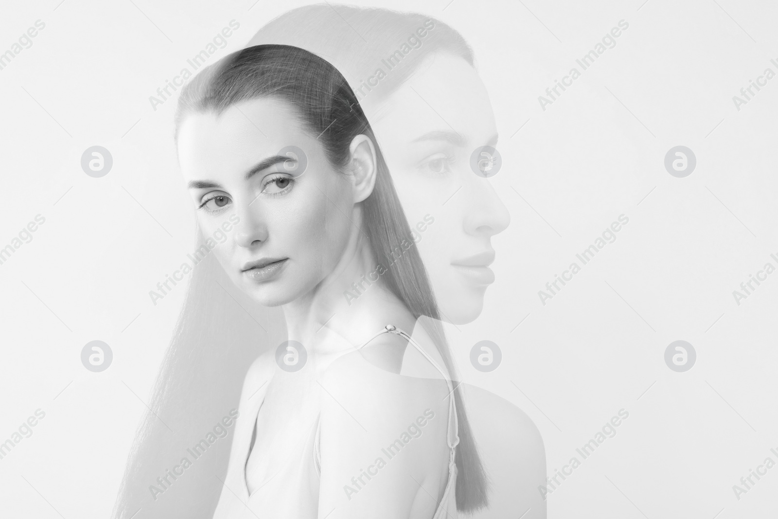 Image of Double exposure of beautiful women. Black and white effect