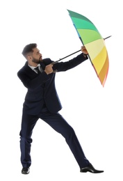 Photo of Businessman with rainbow umbrella on white background