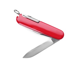 Compact portable multitool with red handle isolated on white, top view