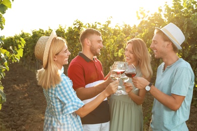 Photo of Friends drinking wine and having fun at vineyard