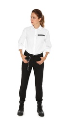 Female security guard in uniform on white background