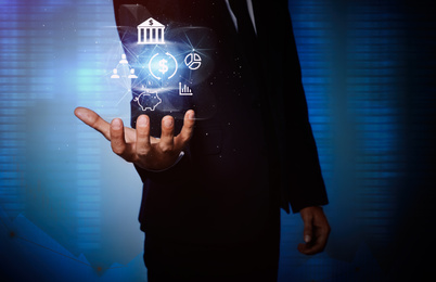 Image of Fintech concept. Man demonstrating different icons, closeup