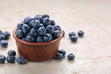 Tasty fresh blueberries on light table, closeup. Space for text