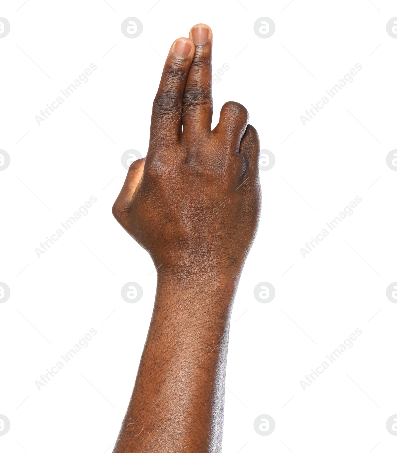 Photo of African-American man making promise on white background, closeup