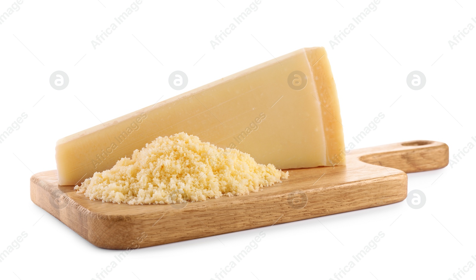 Photo of Delicious grated parmesan cheese on white background