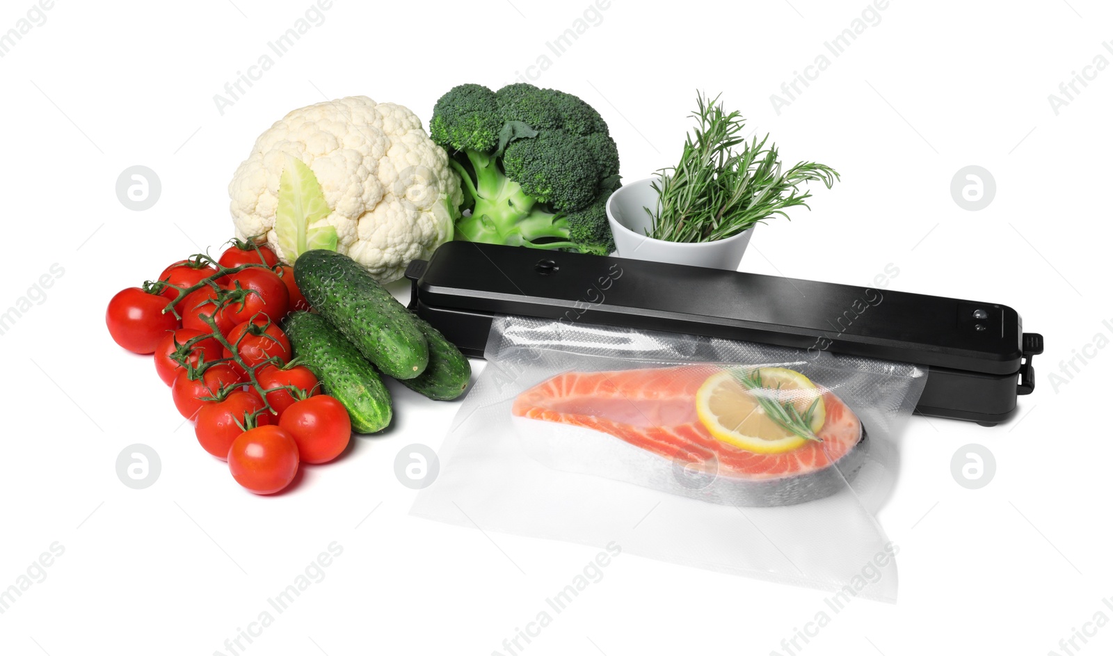 Photo of Vacuum packing sealer, plastic bag with salmon and different food products on white background