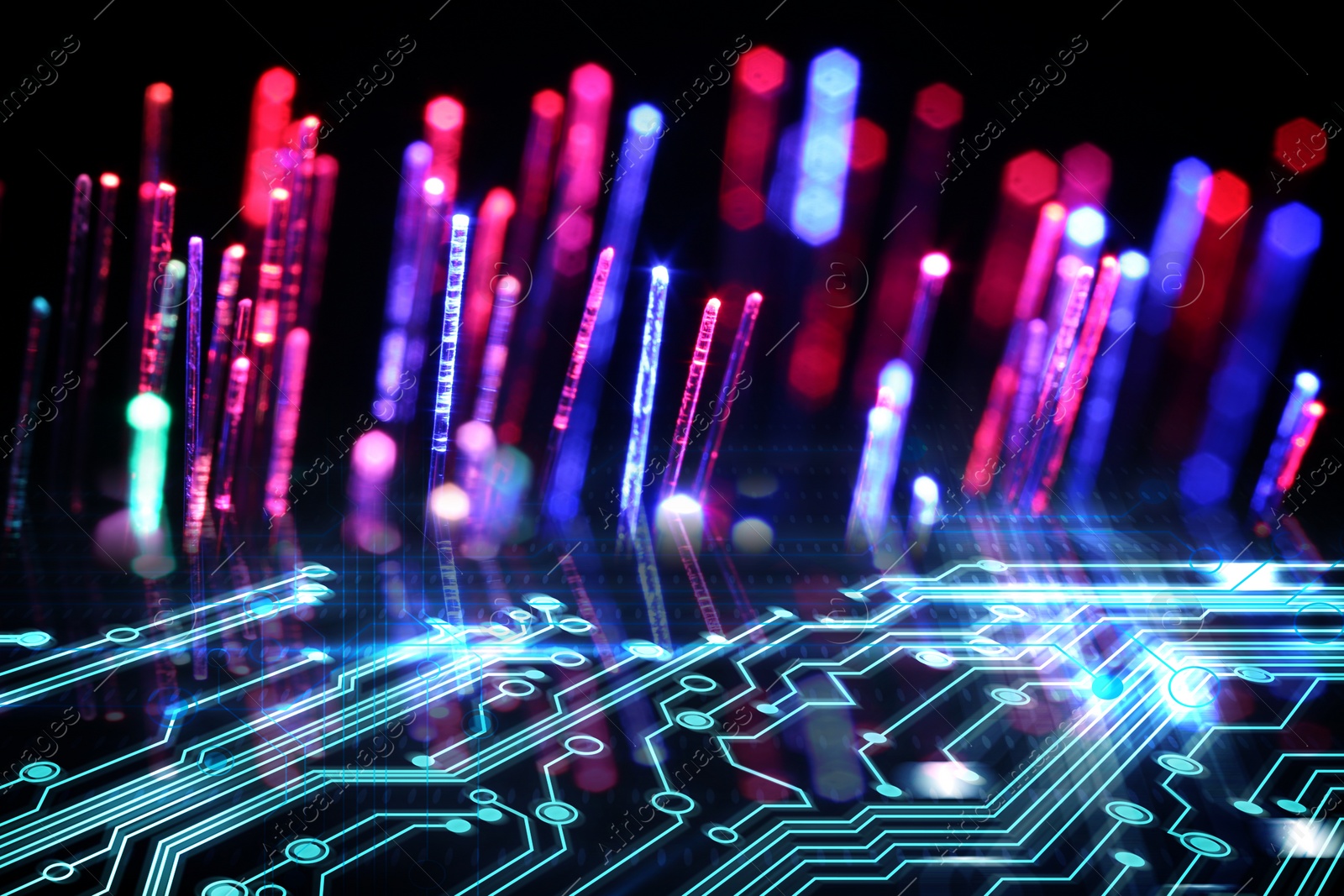 Image of Optical fiber strands and circuit board, double exposure