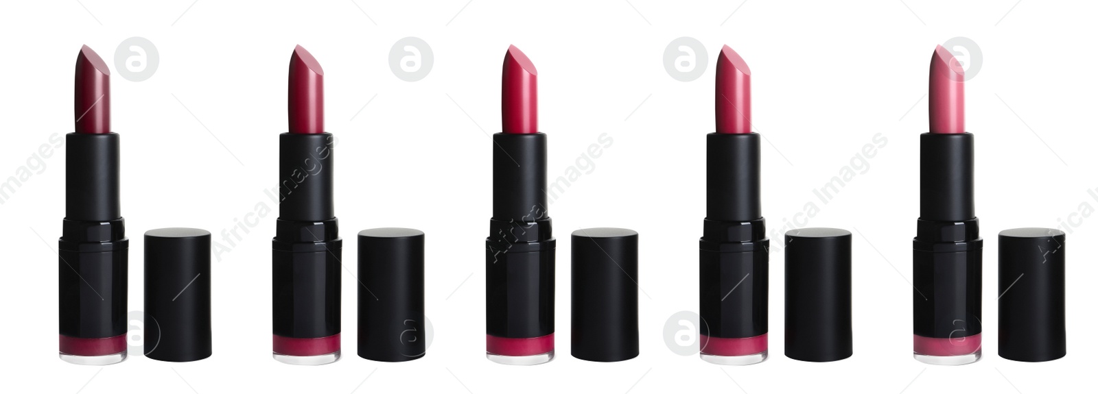 Image of Set with different beautiful lipsticks on white background. Banner design