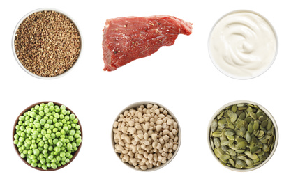 Image of Set with food rich in protein on white background, top view