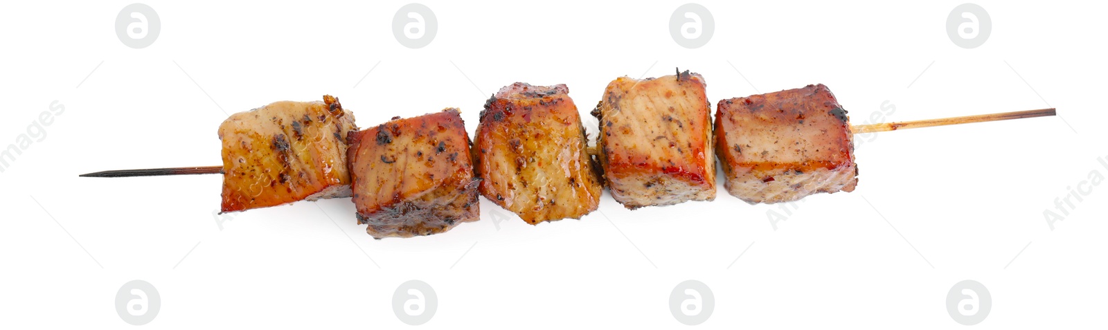 Photo of Skewer with delicious shish kebab isolated on white, top view