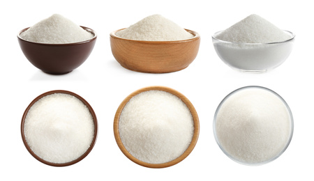 Set with granulated sugar on white background