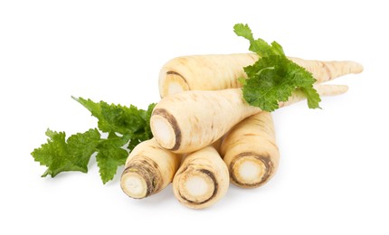 Tasty fresh ripe parsnips on white background