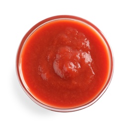 Delicious tomato sauce in bowl on white background, top view