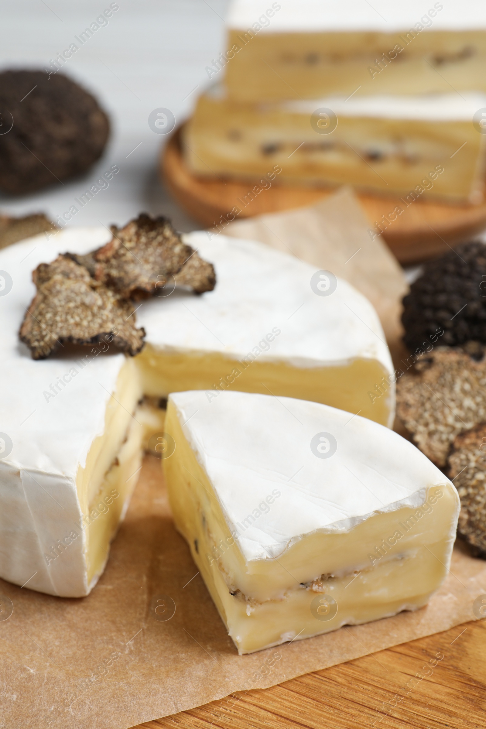 Photo of Soft cheese and fresh truffles on wooden board, closeup