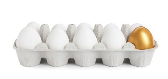 Carton with golden egg and ordinary ones on white background