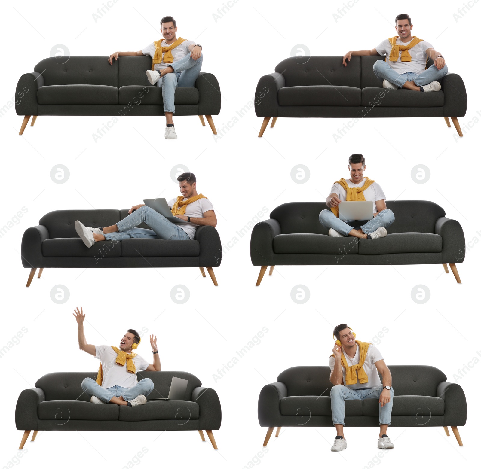 Image of Collage with photos of man sitting on stylish sofa against white background