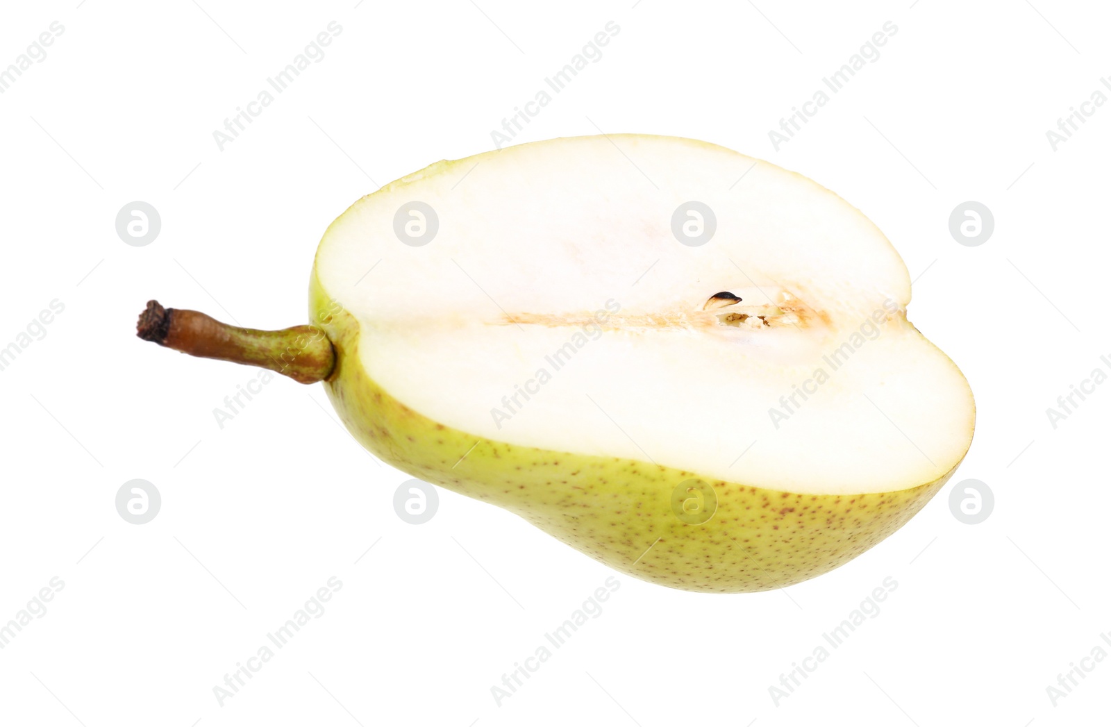 Photo of Half of ripe pear on white background