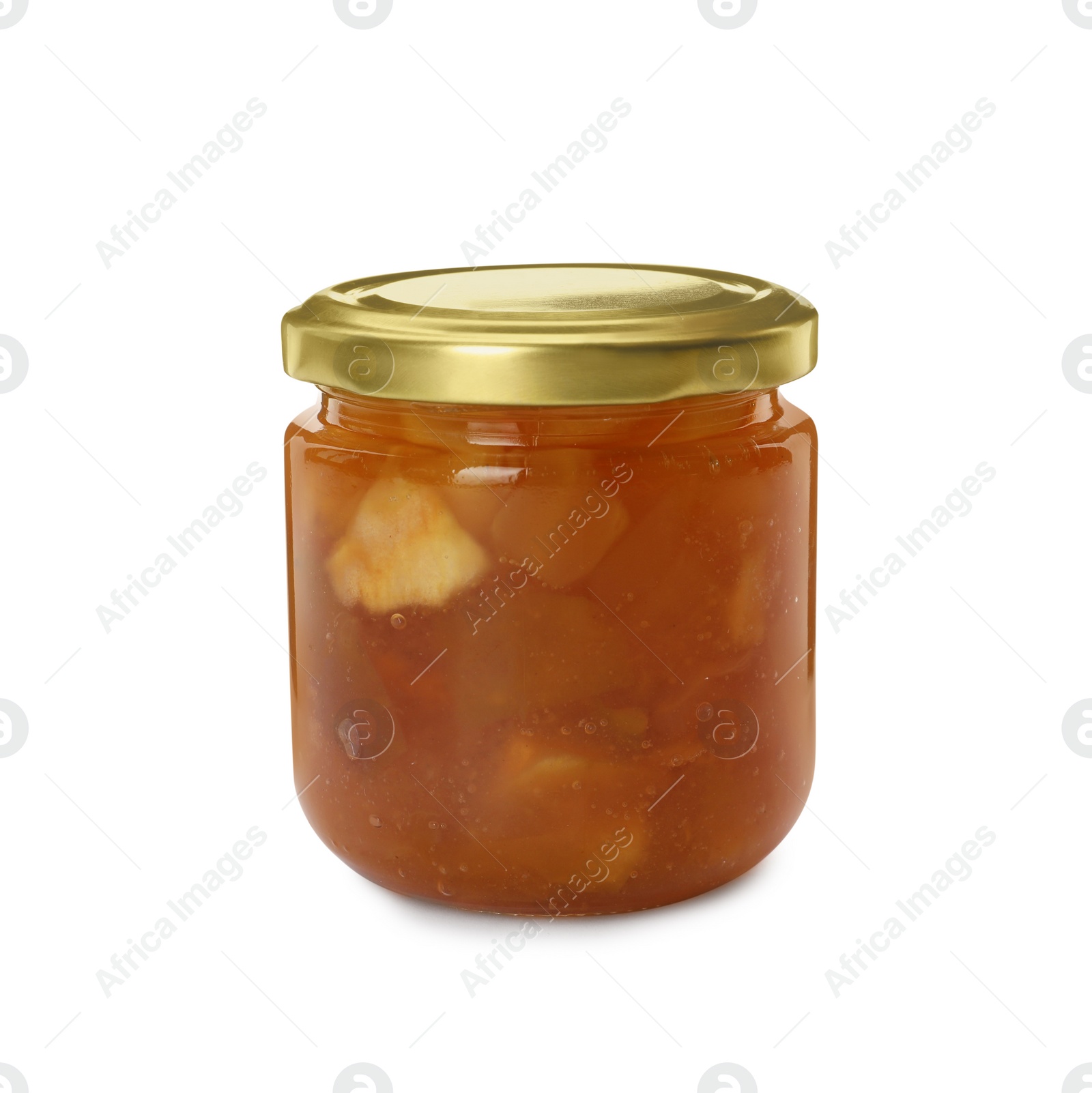 Photo of Tasty apple jam in glass jar isolated on white