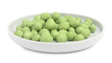 Photo of Plate with wasabi coated peanuts on white background