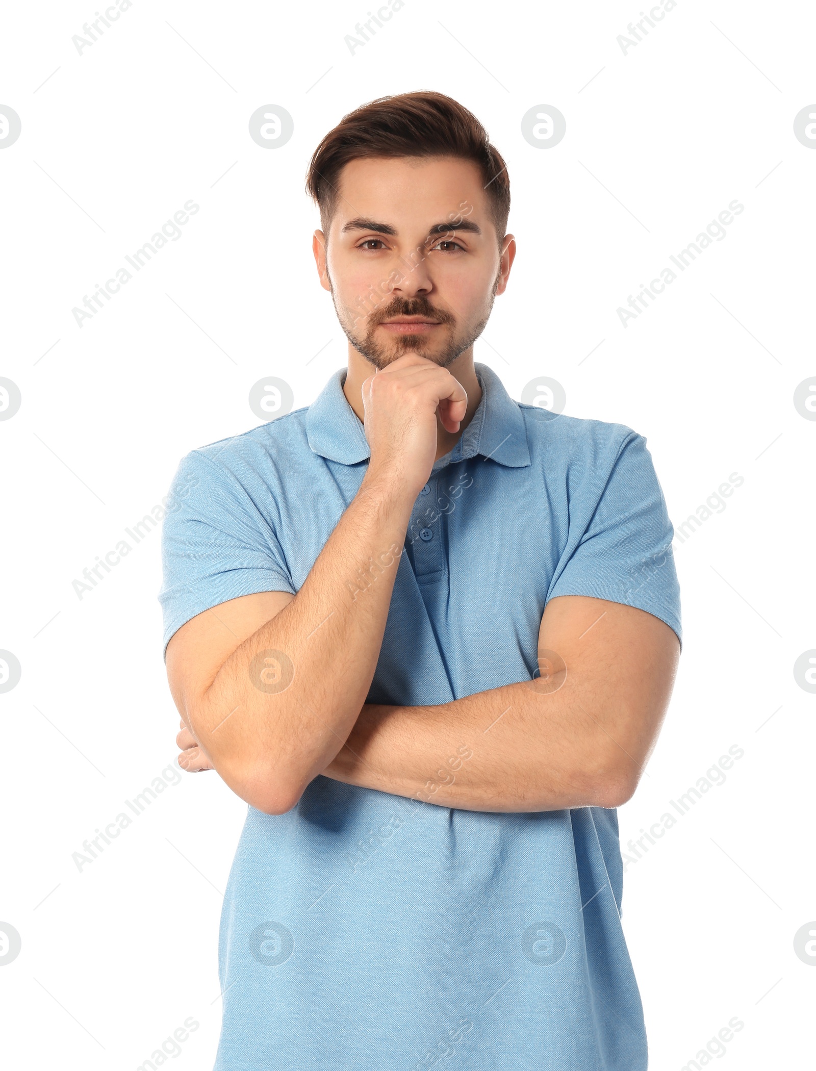 Photo of Portrait of pensive handsome man on white background