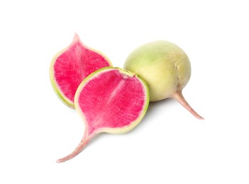 Cut and whole fresh ripe turnips on white background