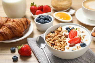 Buffet service. Tasty breakfast served on wooden table