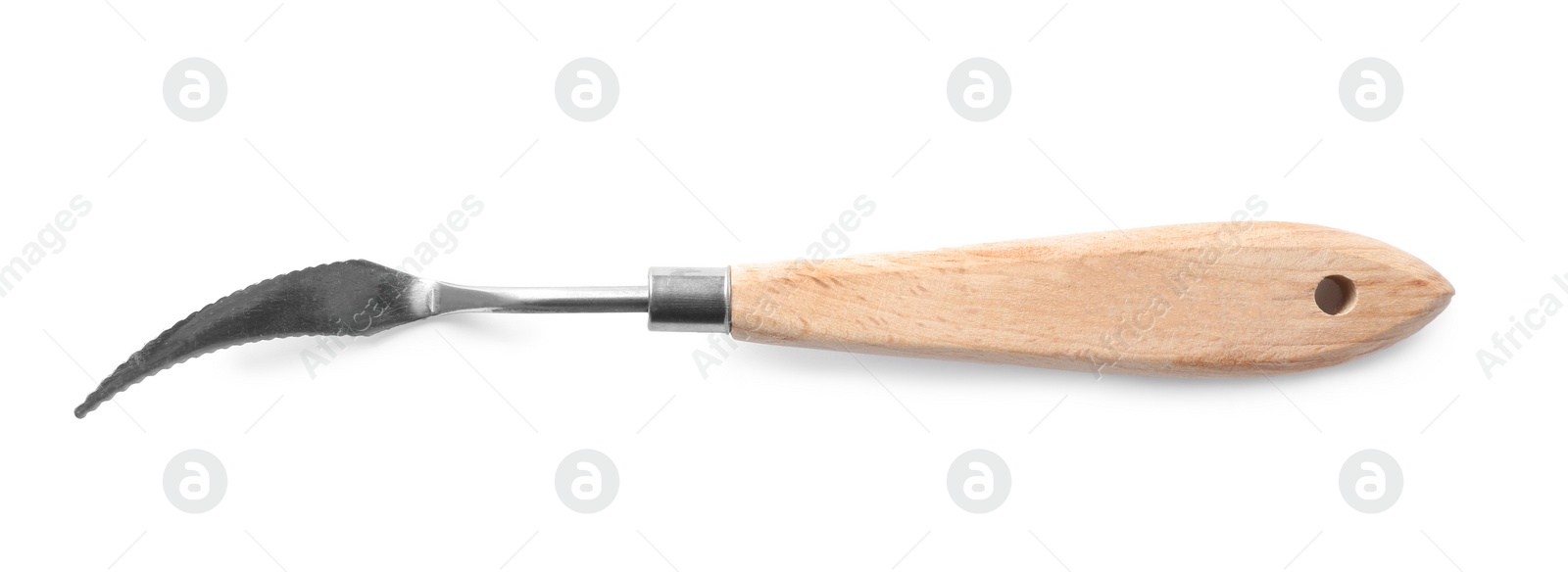 Photo of Hooked skiving knife for leather working isolated on white, top view