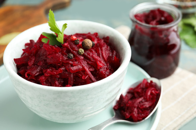 Photo of Delicious pickled beets in bowl, closeup view