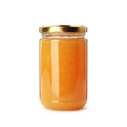Photo of Delicious orange marmalade in jar on white background