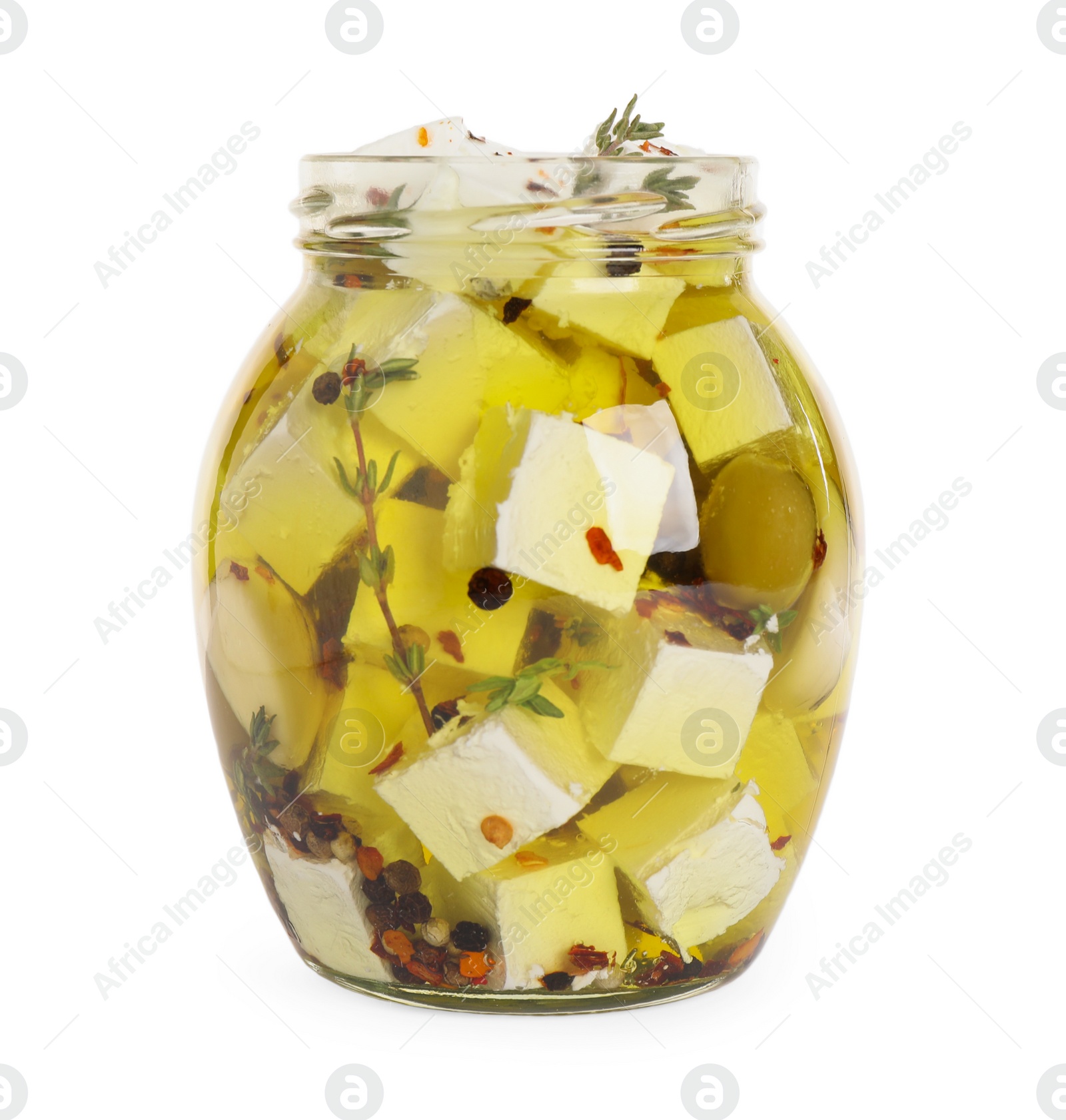 Photo of Open jar with feta cheese marinated in oil on white background. Pickled food